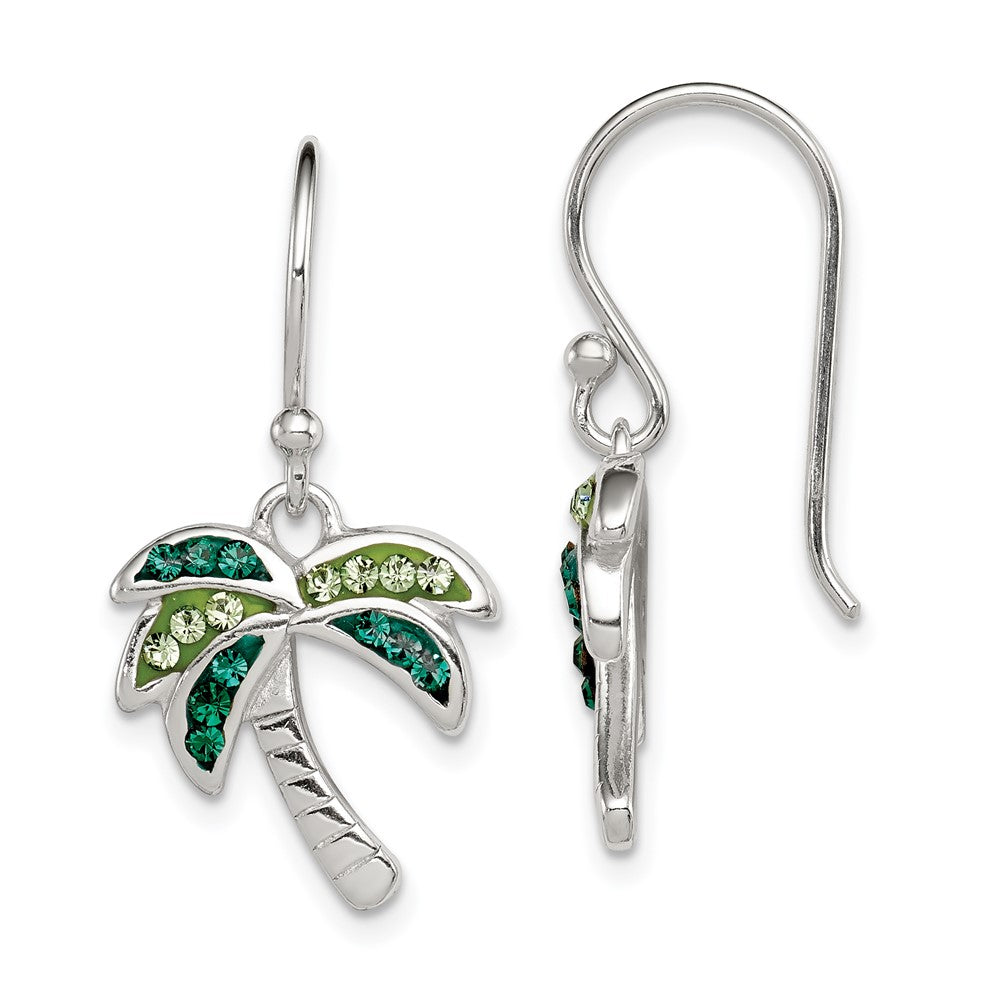 Sterling Silver Rhodium-plated Polished Green Crystal Palm Tree Earrings, 28 x 15 mm