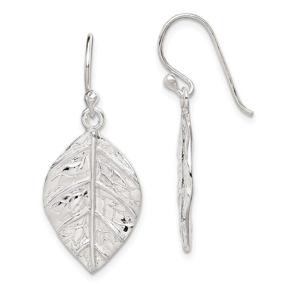 Sterling Silver Leaf Textured Dangle Earrings, 35 x 14 mm