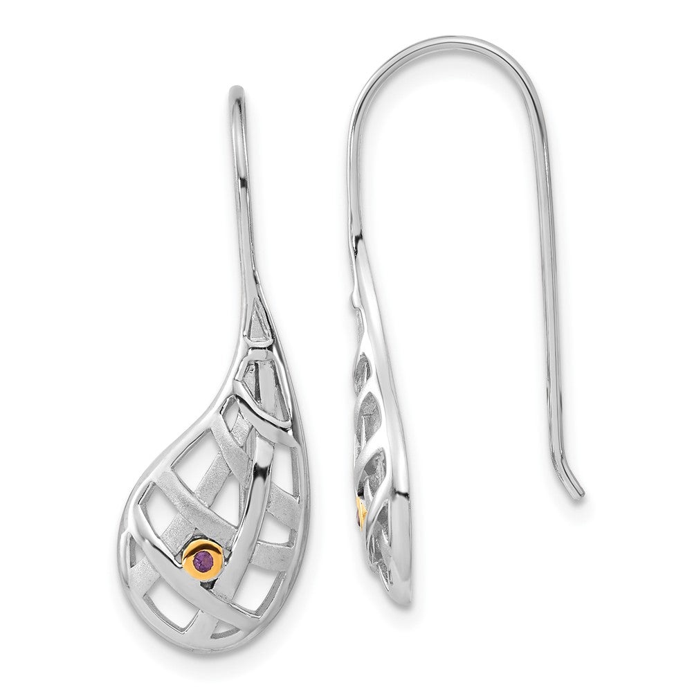 Sterling Silver Gold-plated Polished & Satin Amethyst Criss Cross Teardrop Dangle Earrings, 30.7 x 10.5 mm