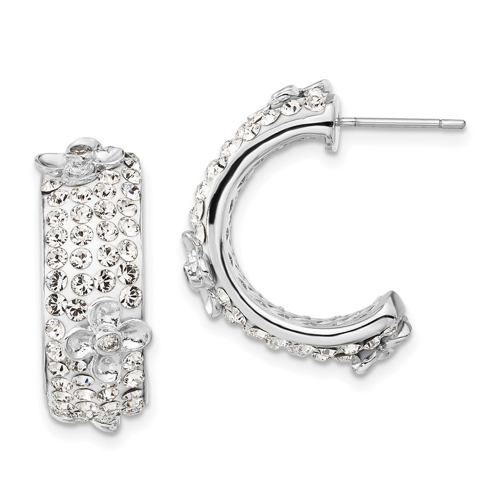 Sterling Silver Polished CZ & Crystal Floral Post C-Hoop Earrings, 23.6 x 18 mm