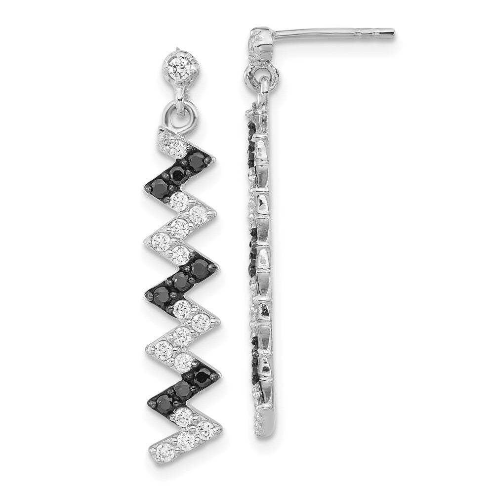 Sterling Silver Polished Black & White CZ Post Dangle Earrings, 32 x 5.9 mm