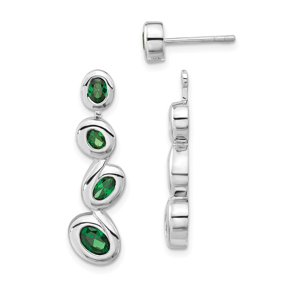 Sterling Silver Polished Green CZ Post Dangle Earrings, 29.8 x 8.6 mm