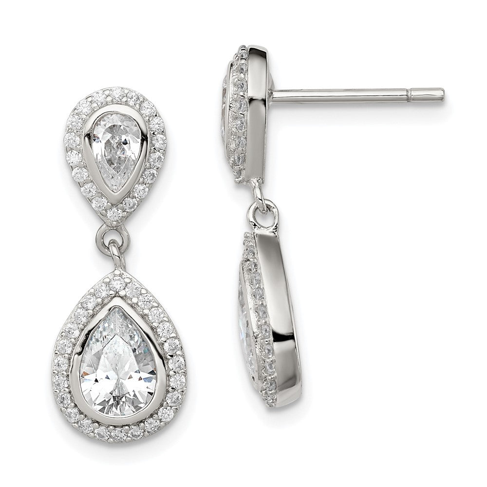 Sterling Silver Rhodium-plated Polished CZ Pear Halo Post Dangle Earrings, 23 x 9 mm