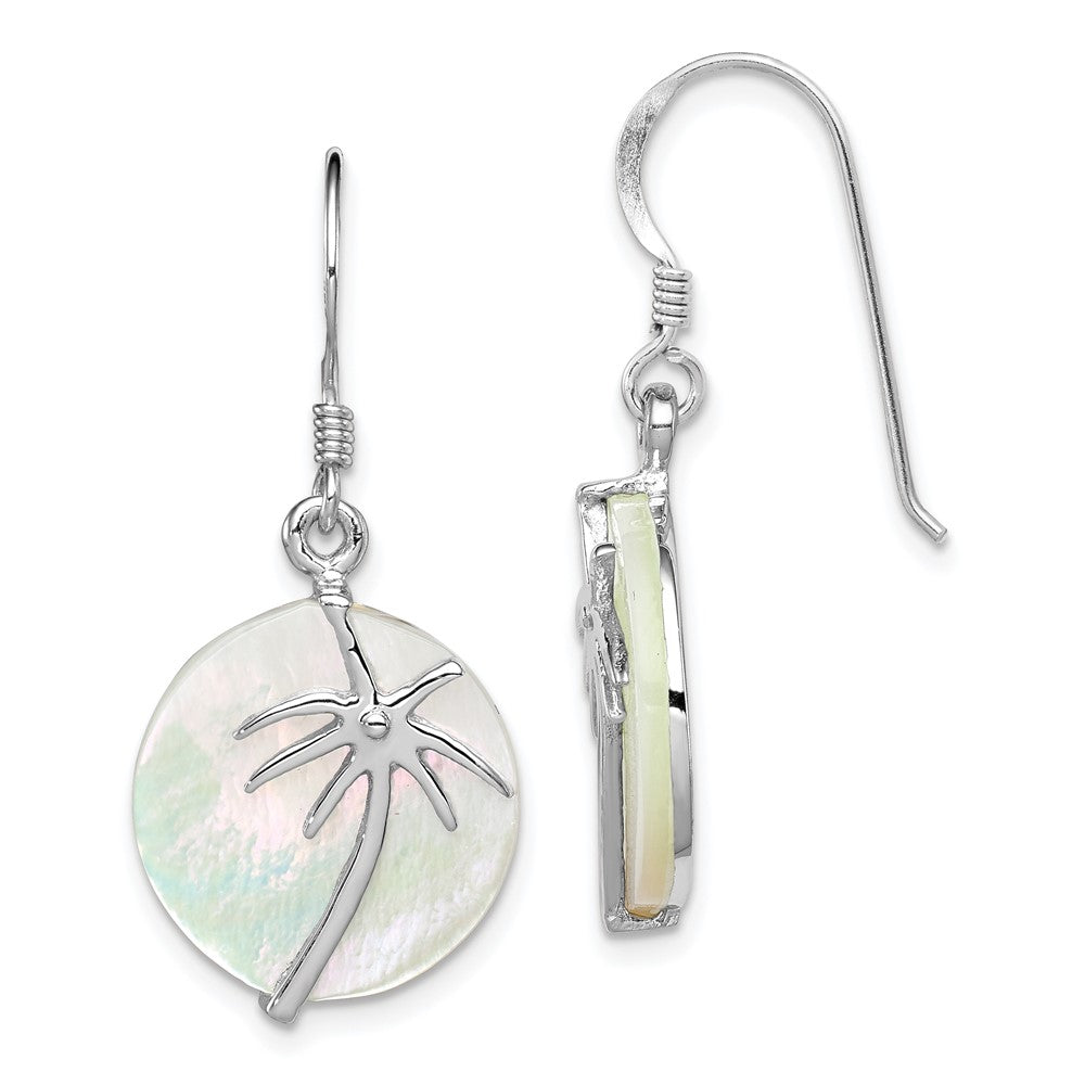 Sterling Silver Rhodium-plated Polished Round Mother of Pearl Palm Tree Earrings, 35 x 20 mm