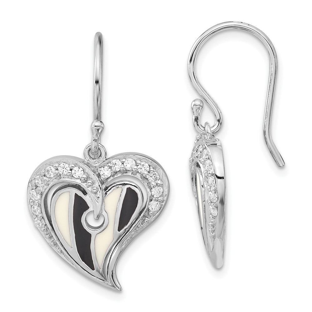 Sterling Silver Polished Black & White Enamel CZ Heart Dangle Earrings, 33 x 18.1 mm