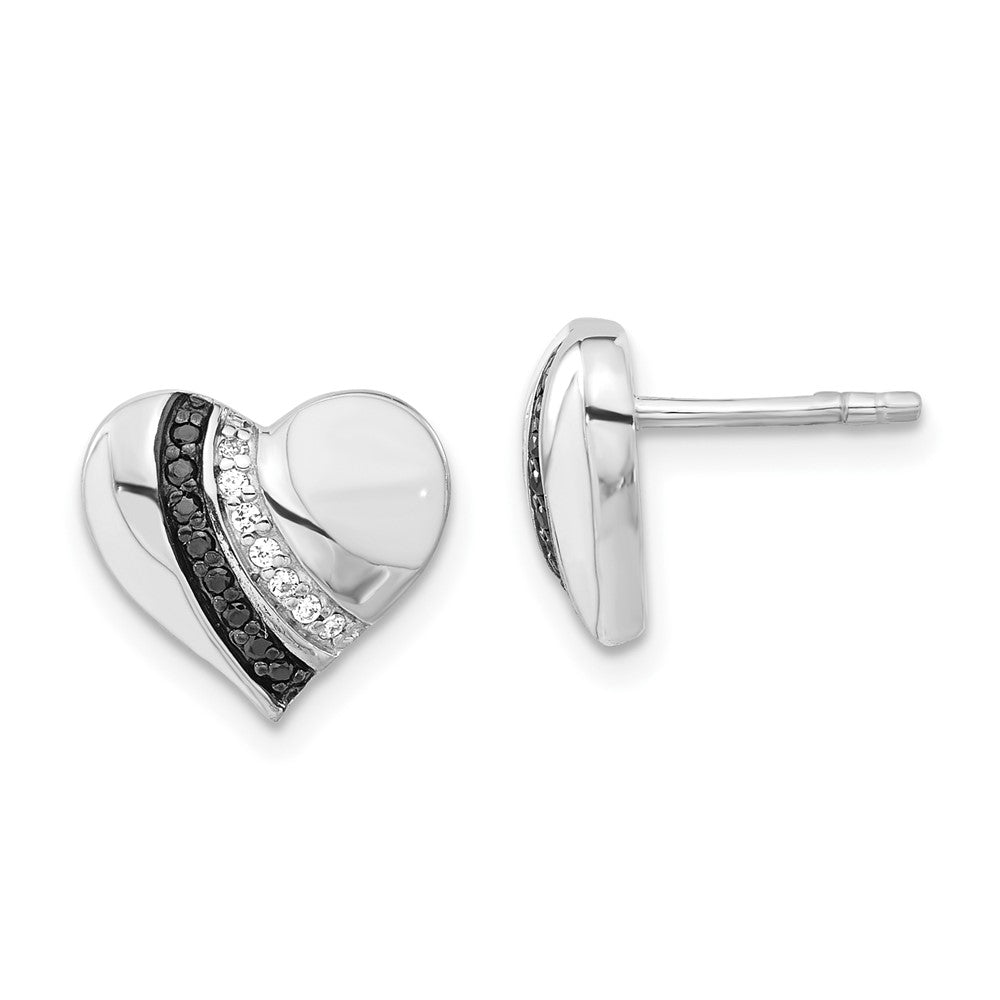 Sterling Silver Black Rhodium-plated Enameled Black & Clear CZ Heart Post Earrings, 10.8 x 12.1 mm