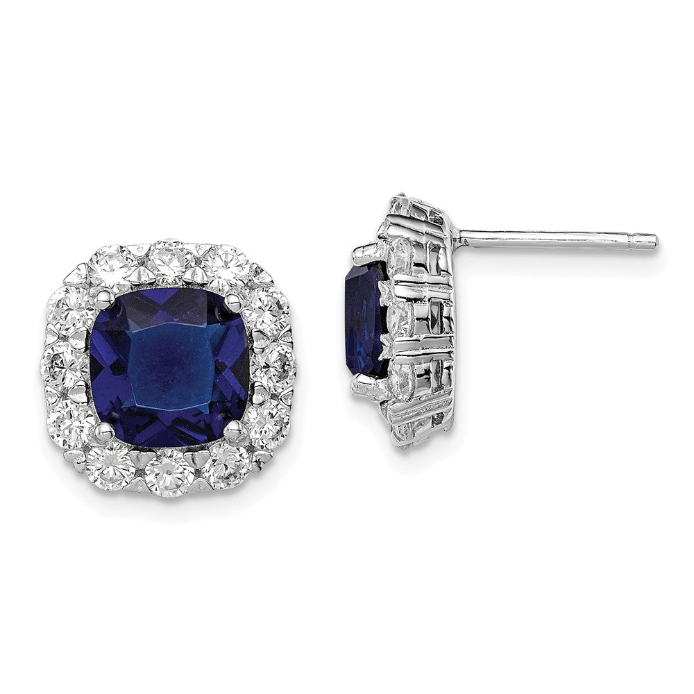 Sterling Silver Rhodium-plated Blue Glass and CZ Post Earrings, 13 x 13 mm