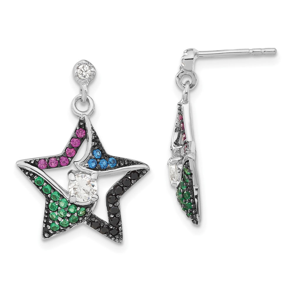 Sterling Silver w/ Black Rhodium Synthetic Spinel, Syn. Ruby & CZ Star Post Dangle Earrings, 22.25 x 16.55 mm