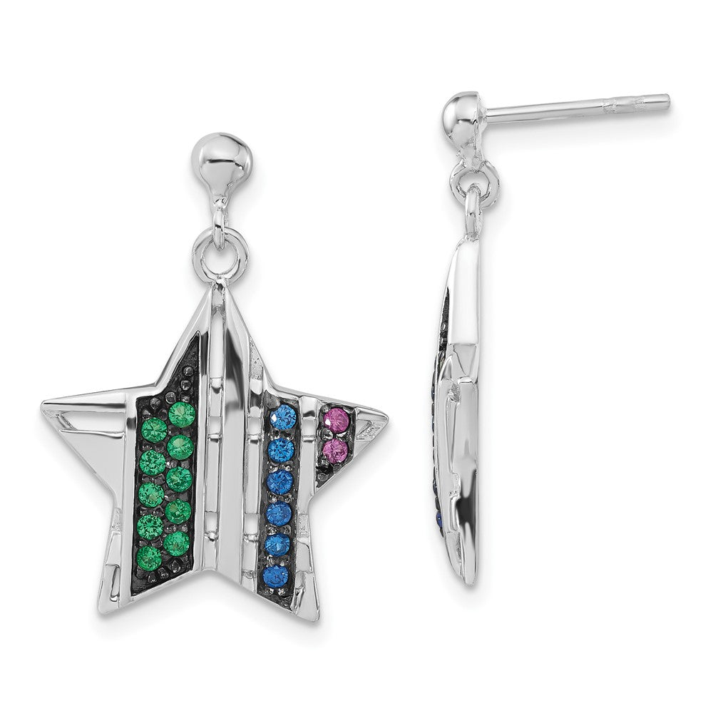 Sterling Silver w/ Black Rhodium Synthetic Spinel & Synthetic Ruby Star Post Dangle Earrings, 24 x 17.85 mm