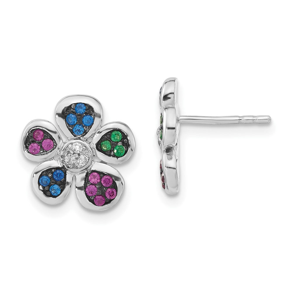 Sterling Silver w/ Black Rhodium Synthetic Ruby, Spinel & CZ Flower Post Earrings, 11.7 x 12 mm