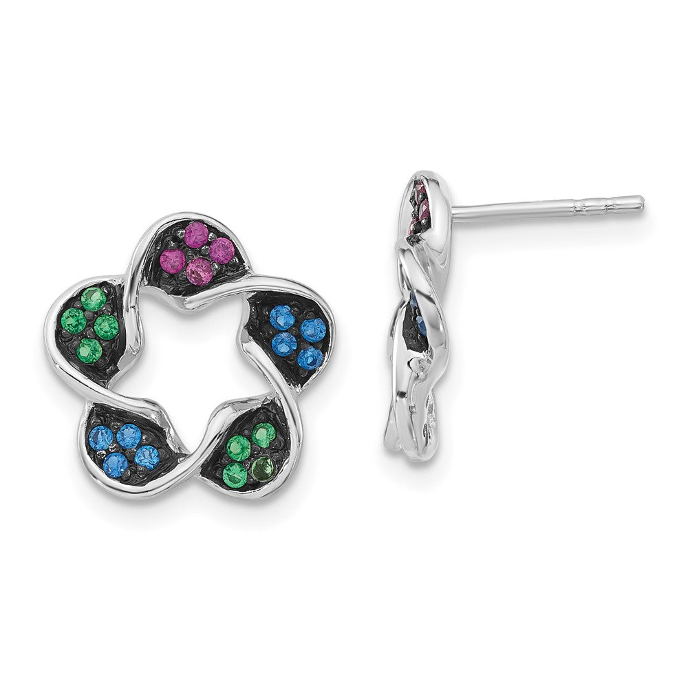 Sterling Silver w/ Black Rhodium Polished Synthetic Stones Flower Post Earrings, 13.4 x 13.7 mm