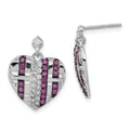 Sterling Silver w/ Black Rhodium Synthetic Ruby & CZ Heart Post Dangle Earrings, 19 x 14.75 mm