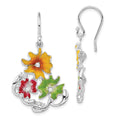 Sterling Silver Red, Green & Yellow Enamel CZ Flowers Dangle Earrings, 45.5 x 25 mm