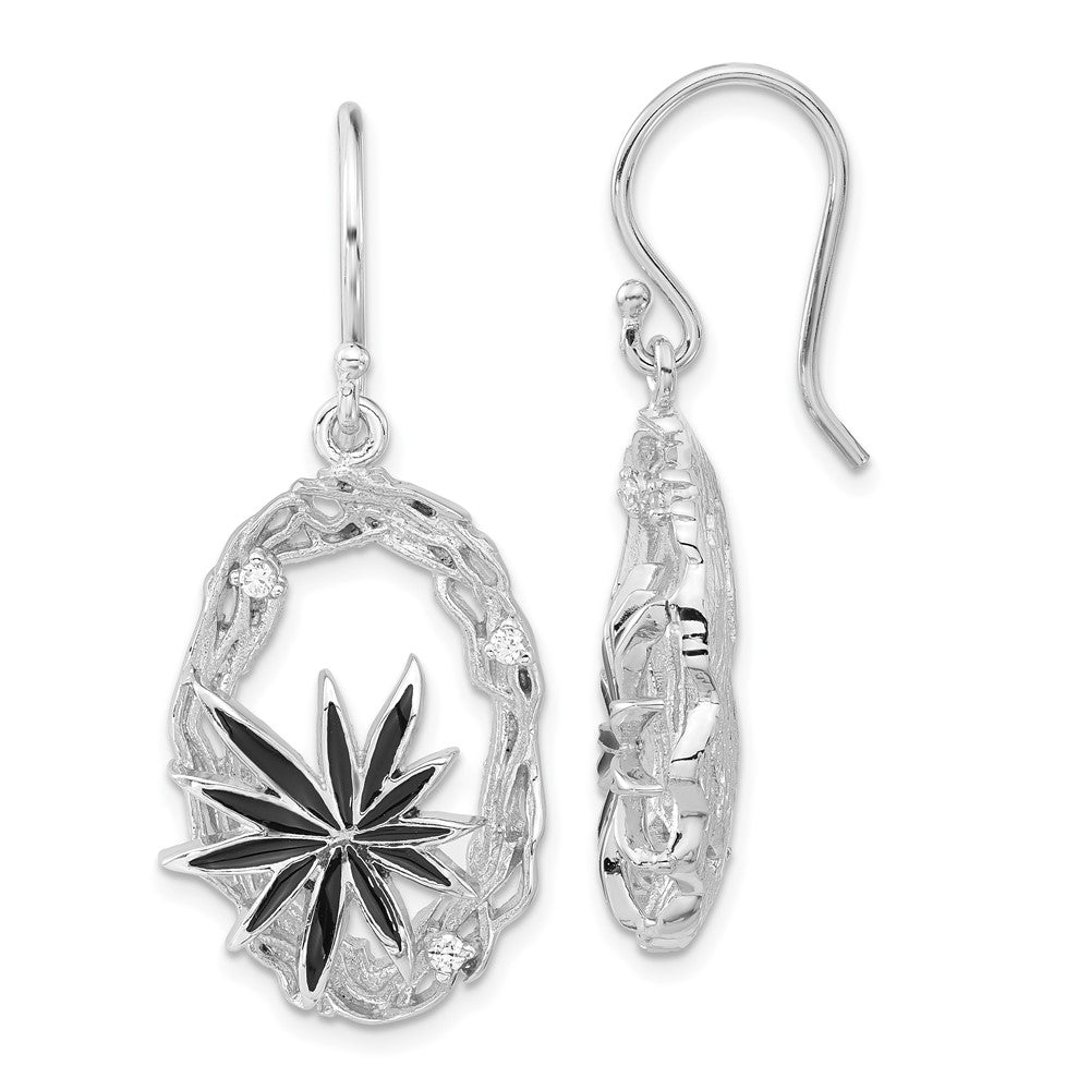 Sterling Silver Polished & Textured Black Enamel CZ Flower Dangle Earrings, 43.25 x 18 mm