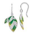 Sterling Silver Green & Yellow Enameled CZ Leaf Dangle Earrings, 38.7 x 17.85 mm