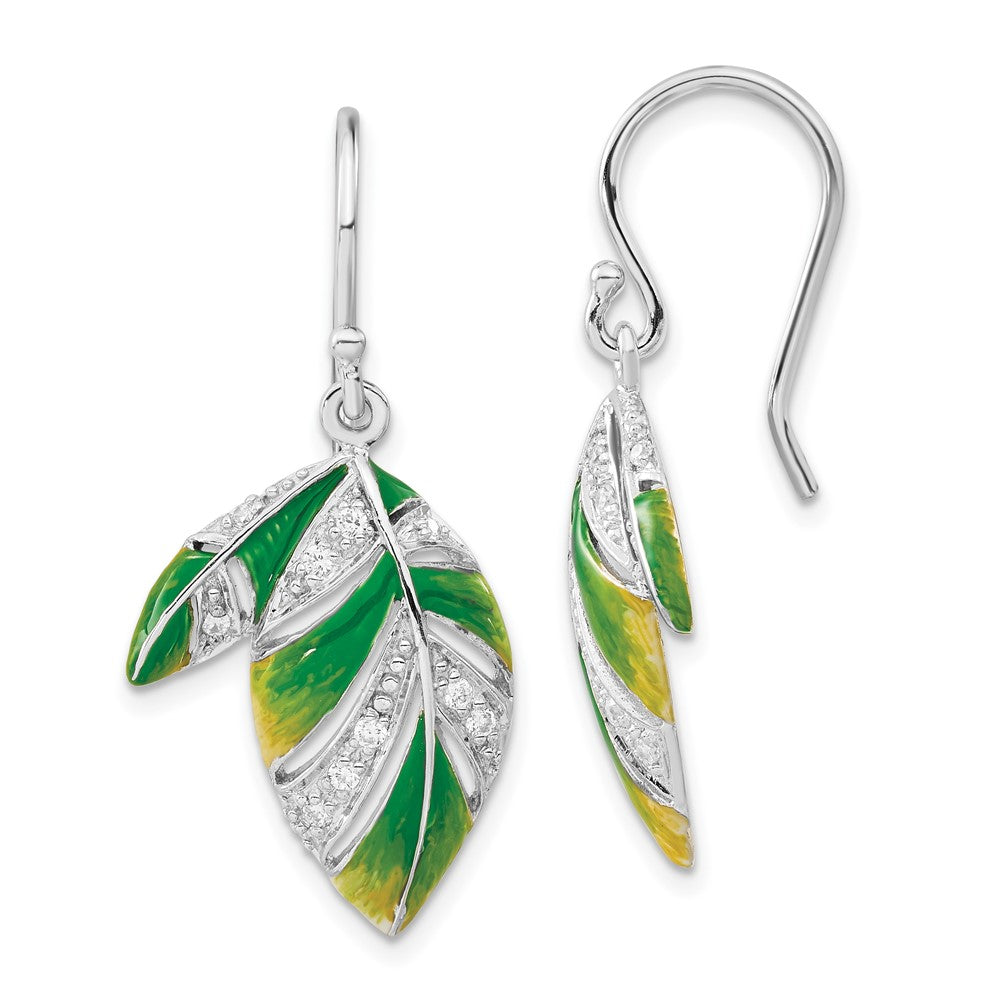 Sterling Silver Green & Yellow Enameled CZ Leaf Dangle Earrings, 38.7 x 17.85 mm