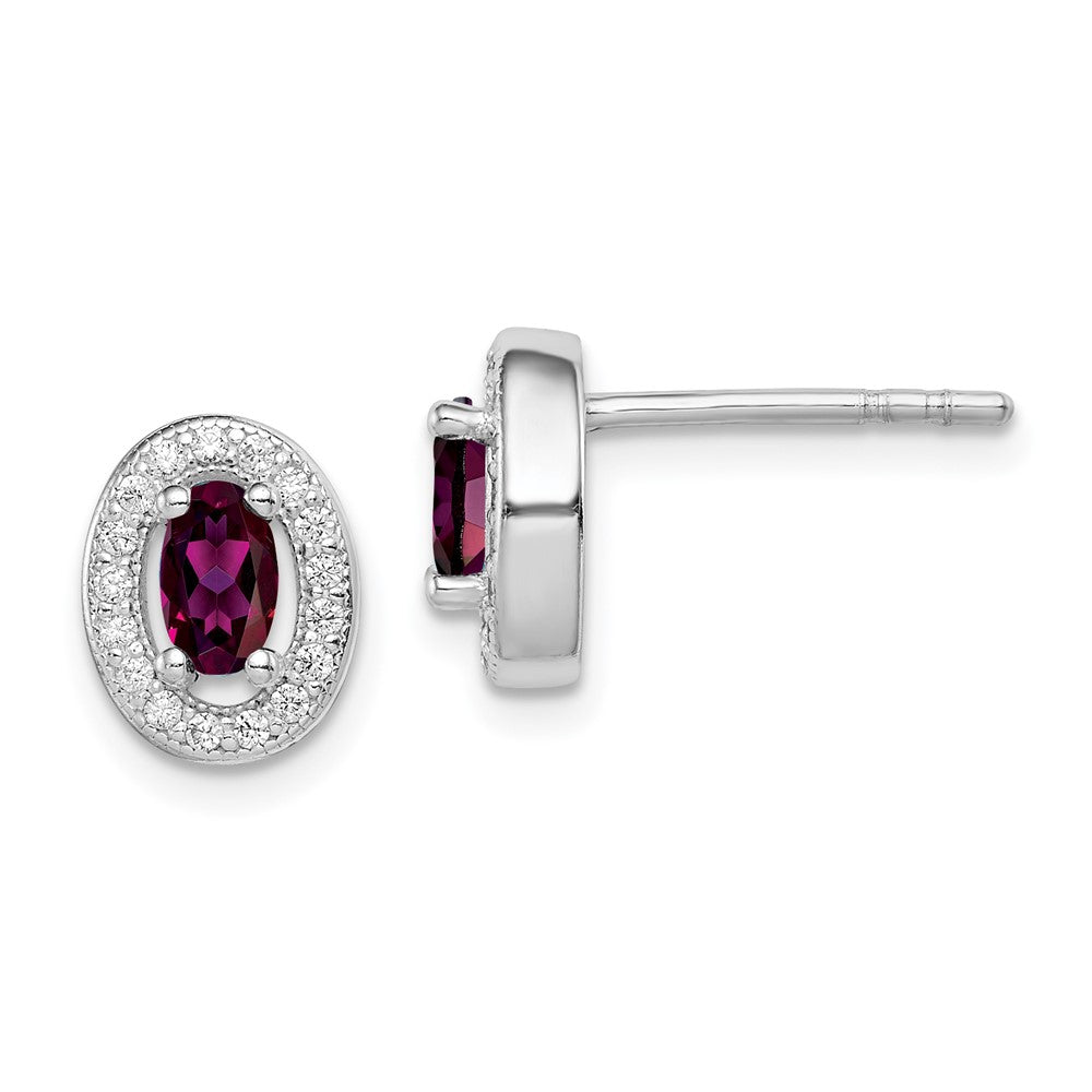 Sterling Silver Rhod Polished January Red and White CZ Oval Earrings, 9 x 8 mm