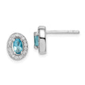 Sterling Silver Rhod-plated w/ Light Blue and White CZ Oval Earrings, 9 x 8 mm