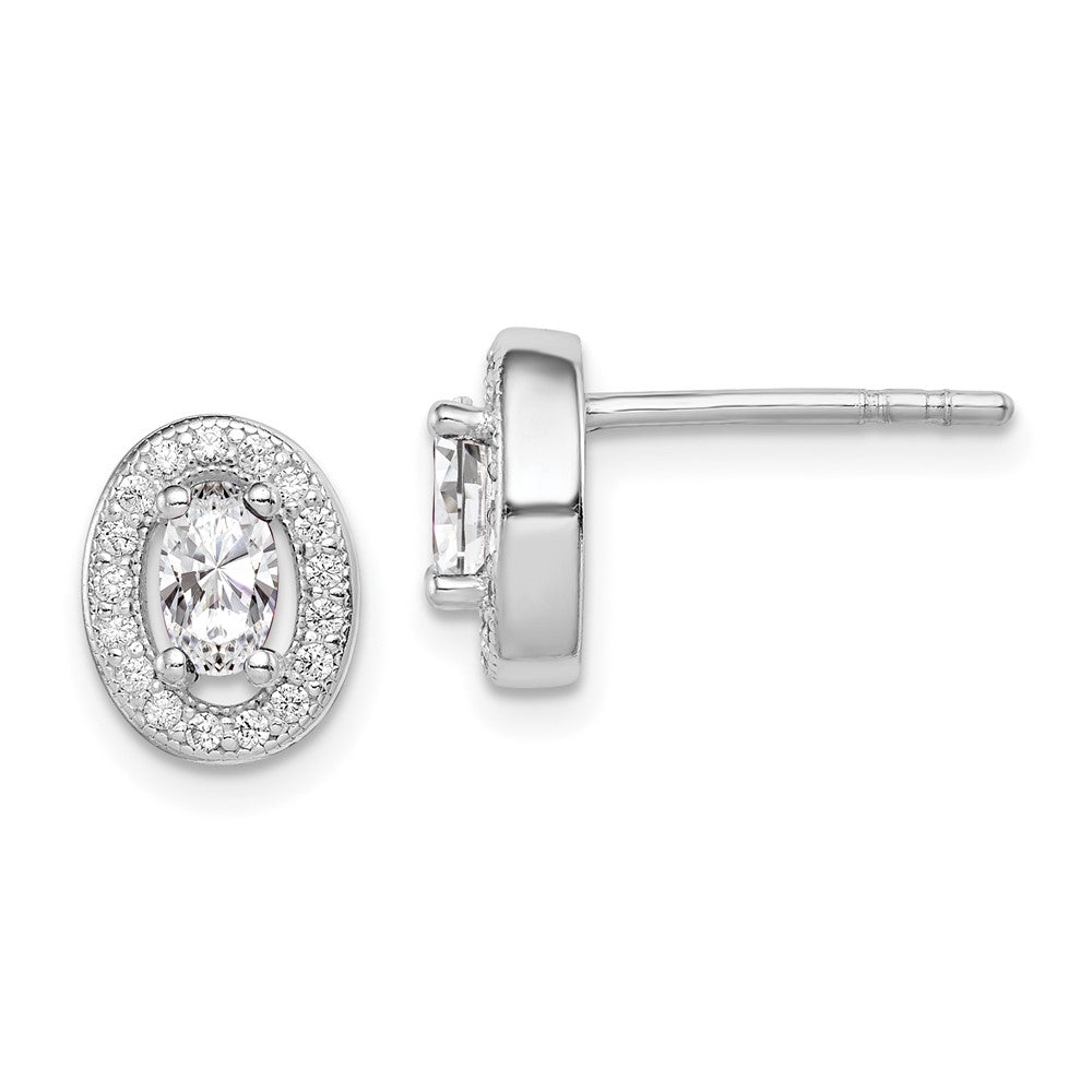 Sterling Silver Rhodium-plated w/ CZ Oval Stud Earrings, 9 x 8 mm