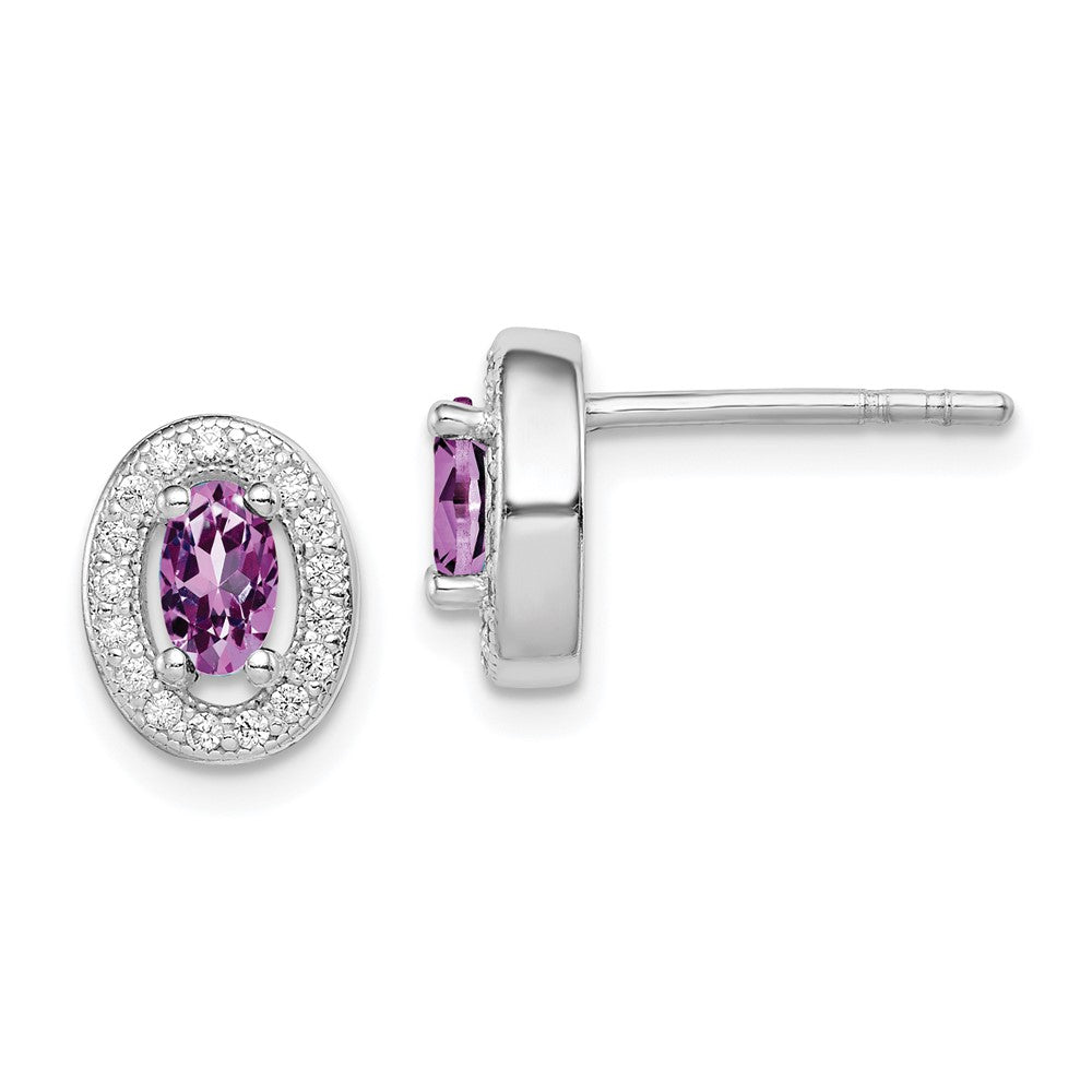 Sterling Silver Rhod-pltd June Purple and White CZ Oval Post Earrings, 9 x 8 mm