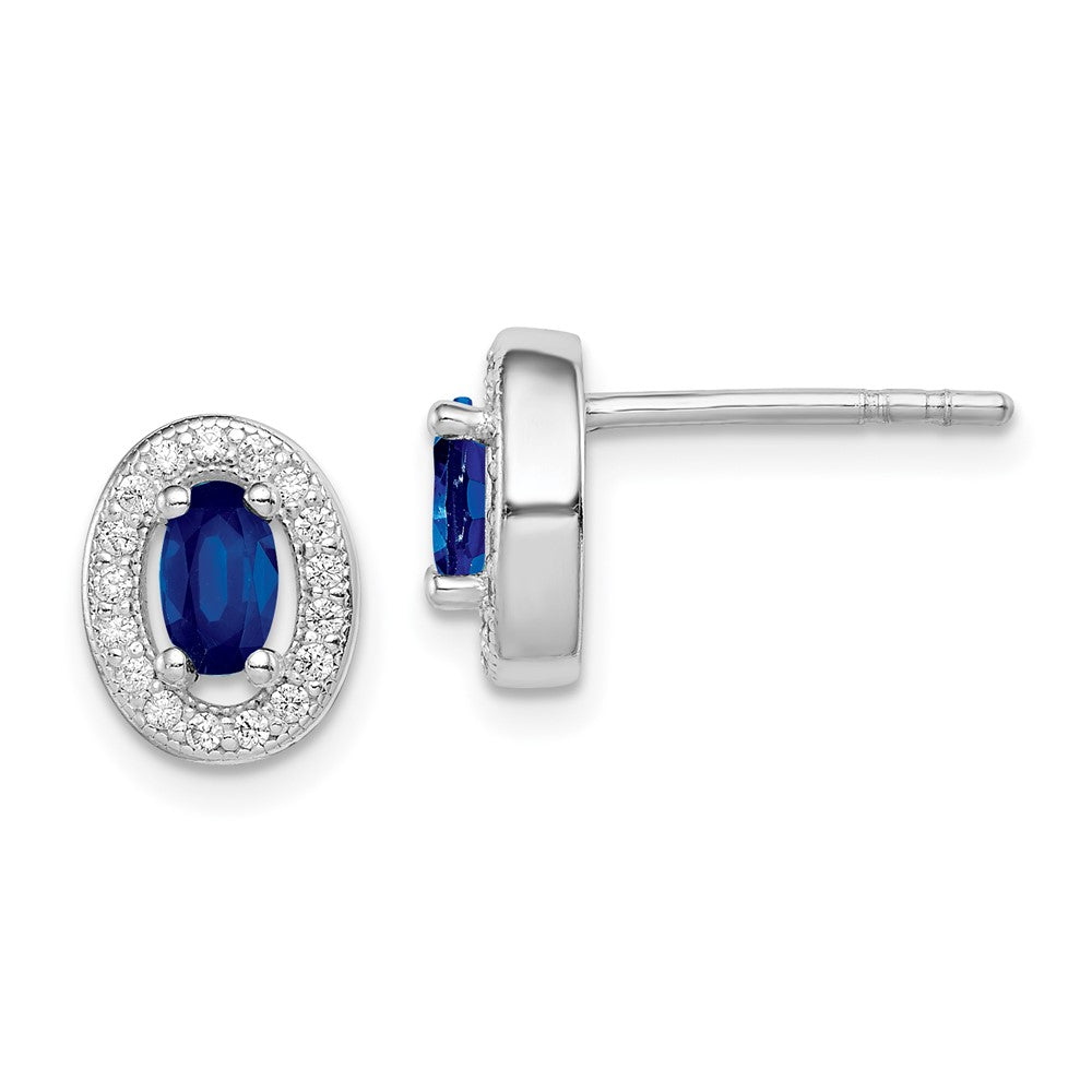 Sterling Silver Rhod-plated Blue and White CZ Oval Stud Earrings, 9 x 8 mm, 1.7 g