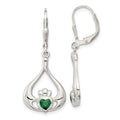 Sterling Silver Rhod-pltd Grn CZ Heart Leverback Claddagh Dangle Earrings, 38 x 16 mm