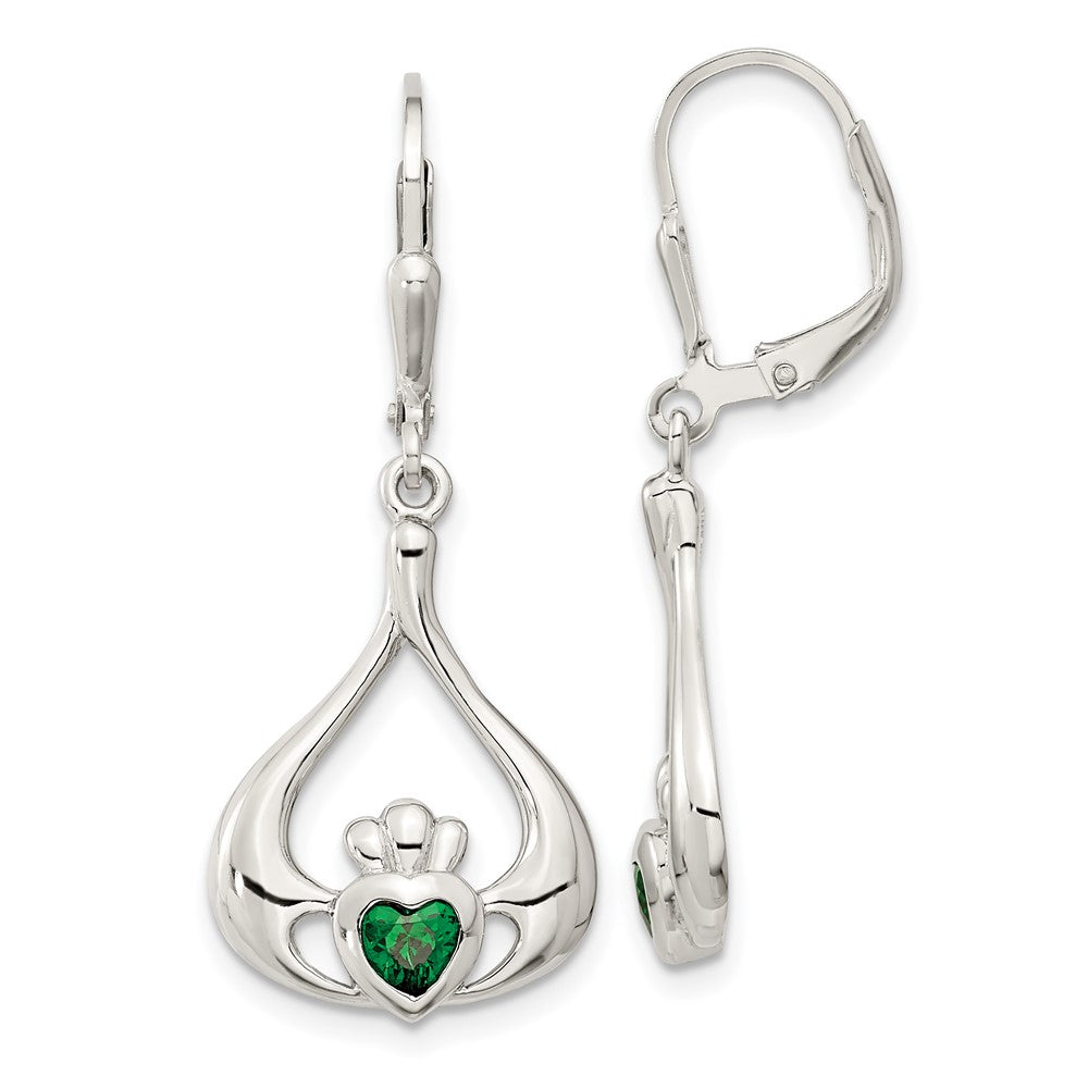 Sterling Silver Rhod-pltd Grn CZ Heart Leverback Claddagh Dangle Earrings, 38 x 16 mm