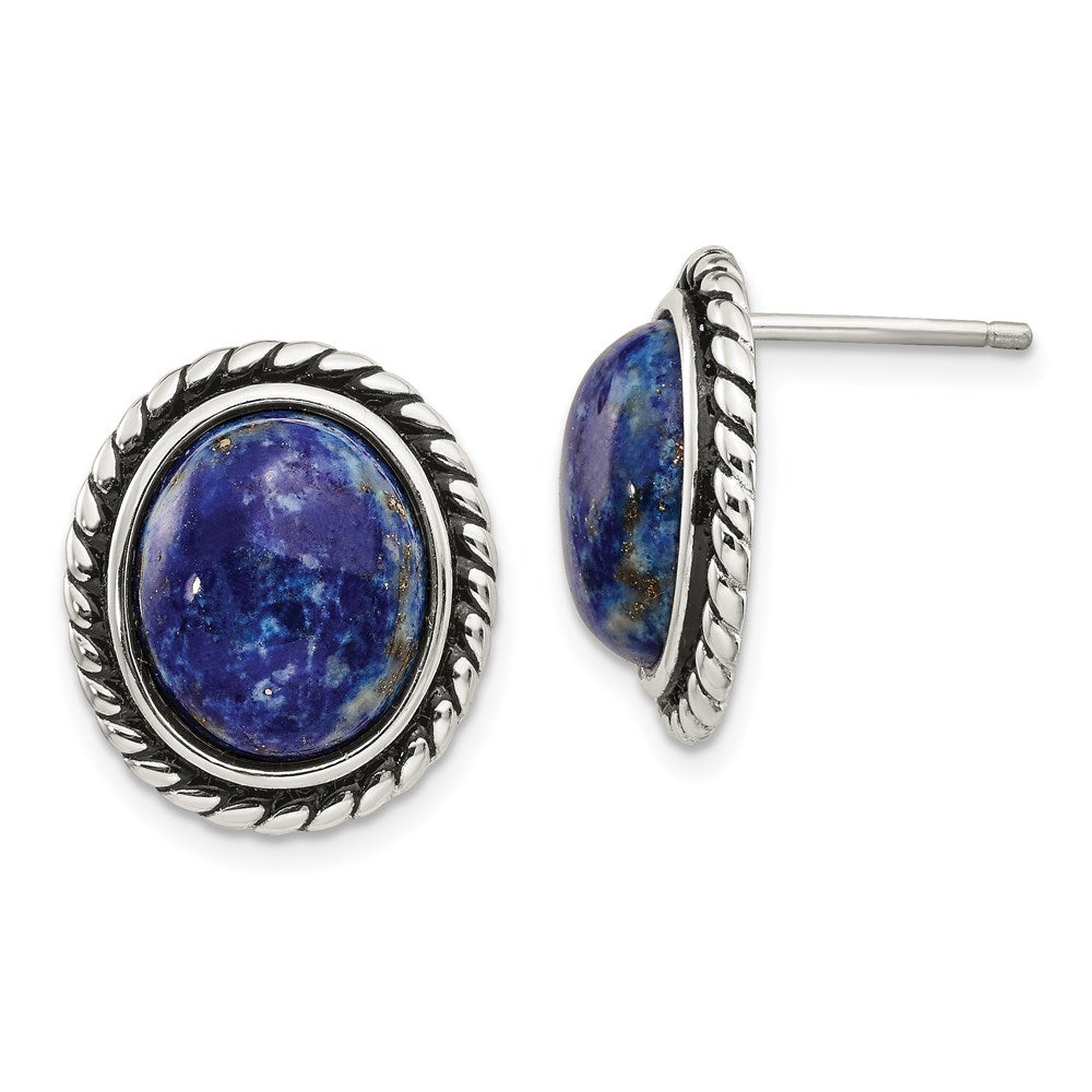 Sterling Silver Polished/Antiqued Lapis Cabochon Post Earrings, 18 x 16 mm