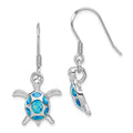 Sterling Silver Rhodium-plated Polished Created Blue Opal Turtle Shepherd Hook Earrings, 35 x 19 mm