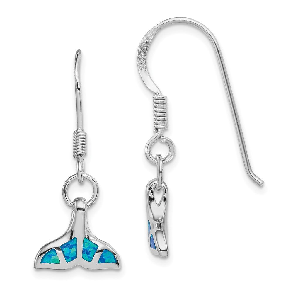 Sterling Silver Rhodium-plated Created Opal Dolphin Tail Dangle Earrings, 31 x 13 mm