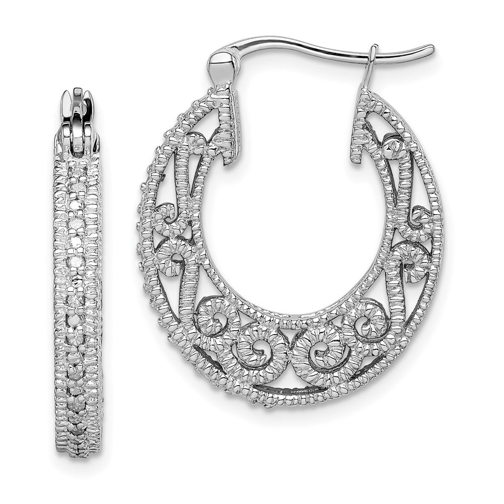 Sterling Silver Rhodium with Diam. Hinged Hoop Earrings, 0.1 ct, 26 x 24 mm