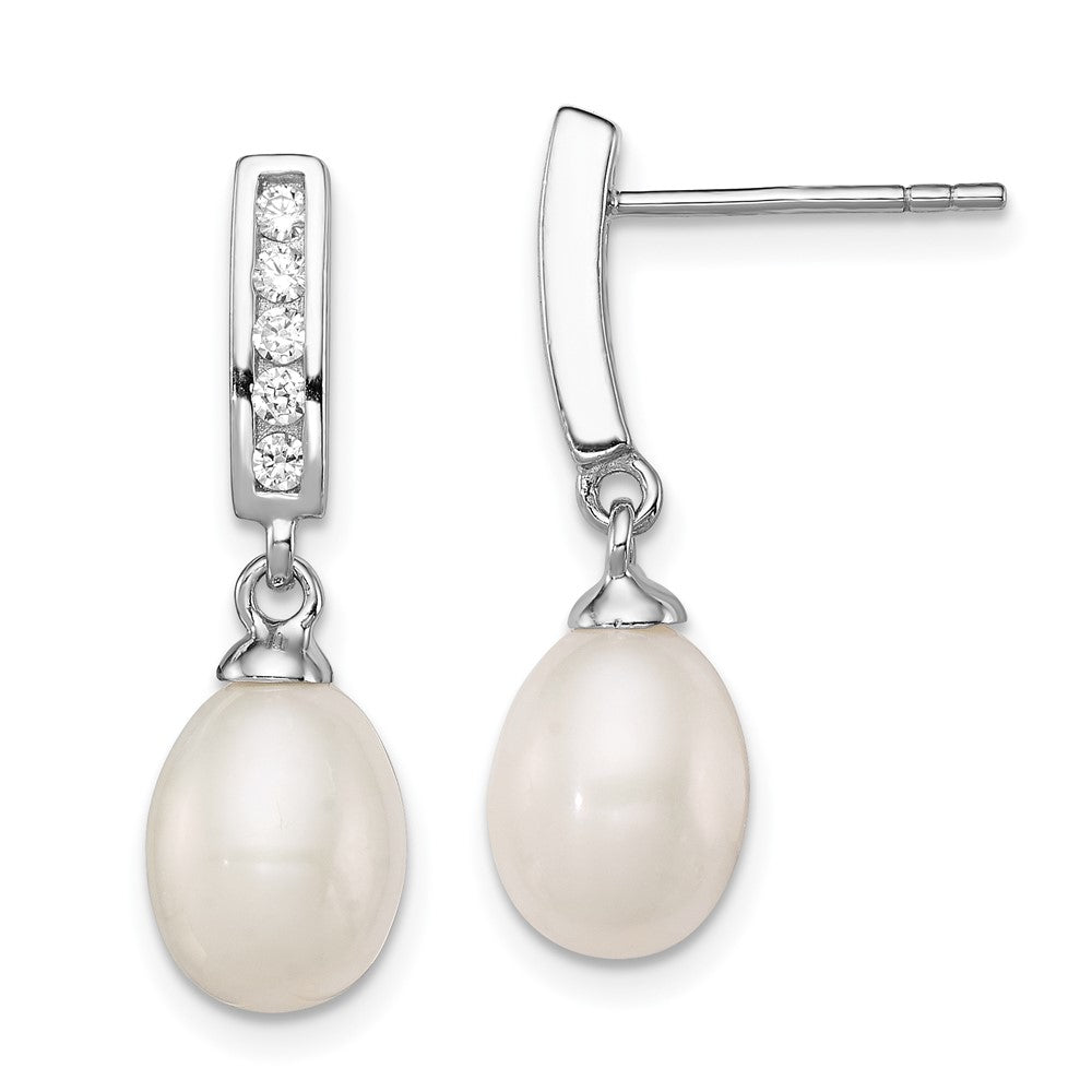 Sterling Silver Rhodium-plated 8-9mm White Rice Freshwater Cultured Pearl and CZ Post Dangle Earrings, 24 mm