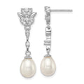Sterling Silver Rhodium-plated 8-9mm White Teardrop Freshwater Cultured Pearl and CZ Post Dangle Earrings, 36 mm