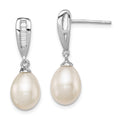 Sterling Silver Rhodium-plated 7-8mm White Rice Freshwater Cultured Pearl and CZ Post Dangle Earrings, 24 mm