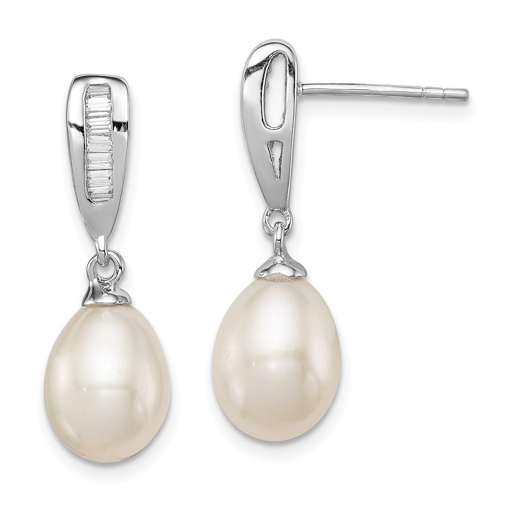 Sterling Silver Rhodium-plated 7-8mm White Rice Freshwater Cultured Pearl and CZ Post Dangle Earrings, 24 mm