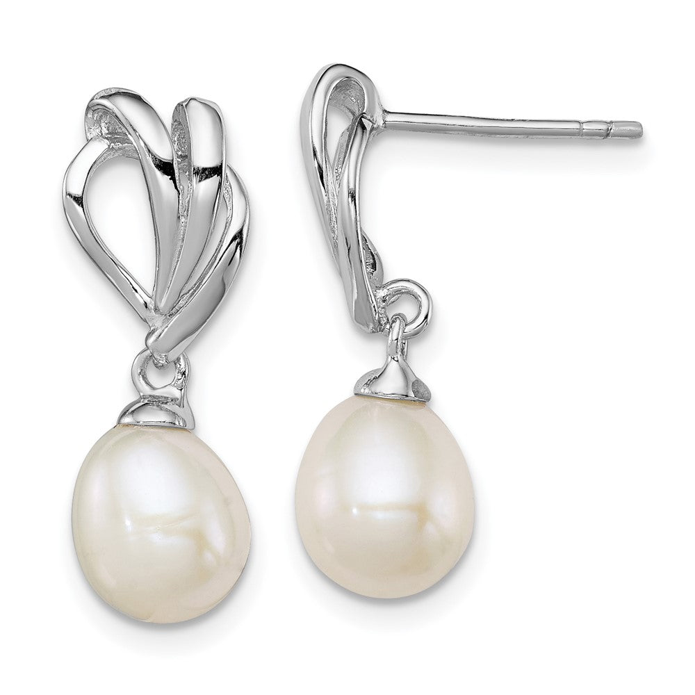 Sterling Silver Rhodium-plated 7-8mm White Rice Freshwater Cultured Pearl Post Dangle Earrings, 23 x 8 mm
