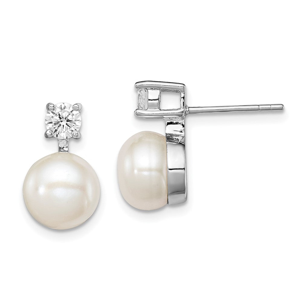 Sterling Silver Rhodium-plated 7-8mm White Button Freshwater Cultured Pearl and CZ Post Earrings, 15 mm