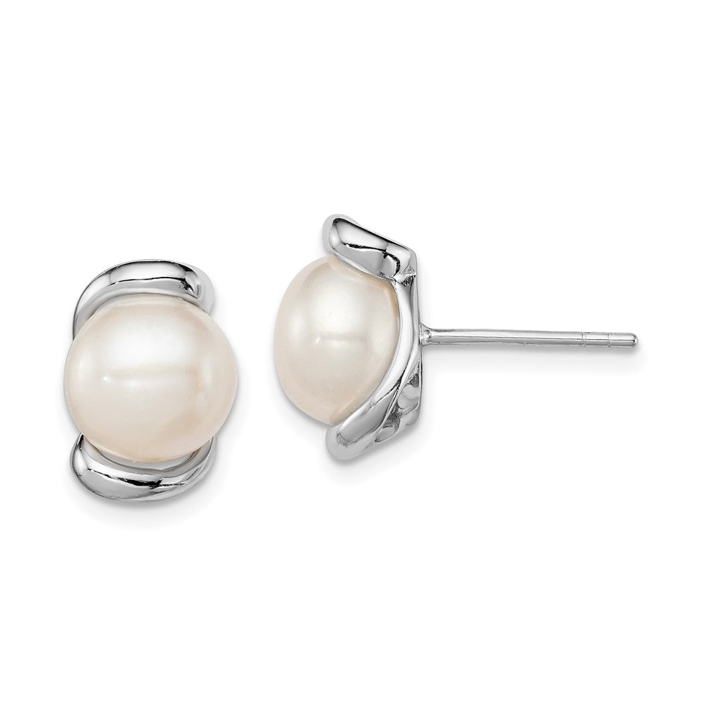 Sterling Silver Rhodium-plated 8-9mm White Button Freshwater Cultured Pearl Post Earrings, 12 mm