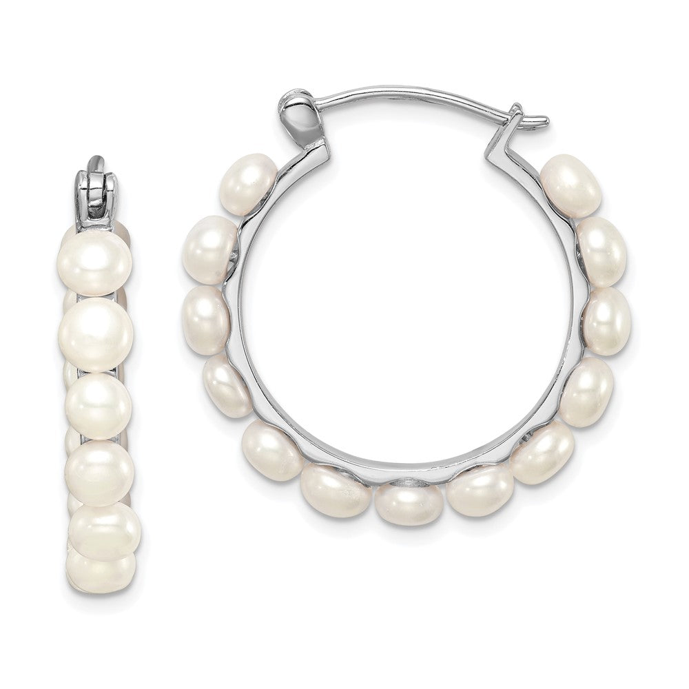 Sterling Silver Rhodium-plated 4-5mm White Button Freshwater Cultured Pearl Hoop Earrings, 30 x 30 mm
