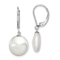 Sterling Silver Rhodium-plated 12-13mm White Coin Freshwater Cultured Pearl Leverback Dangle Earrings, 30 mm