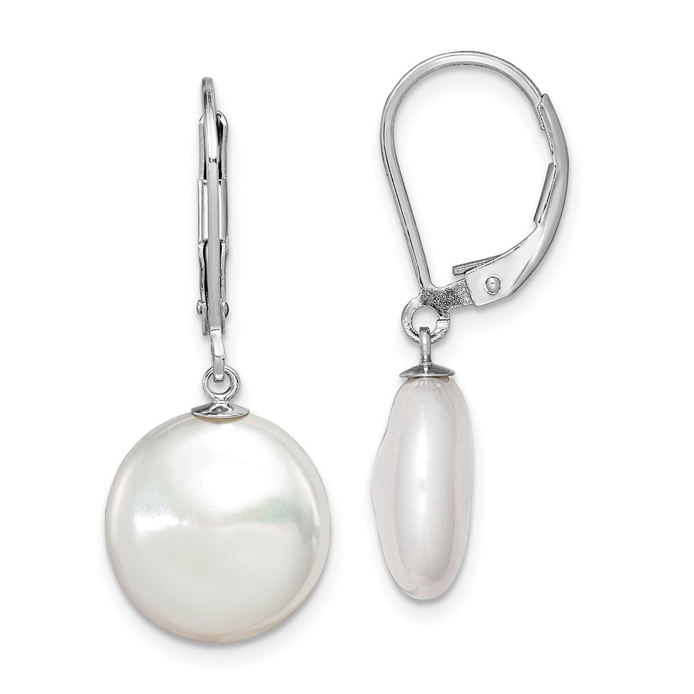 Sterling Silver Rhodium-plated 12-13mm White Coin Freshwater Cultured Pearl Leverback Dangle Earrings, 30 mm