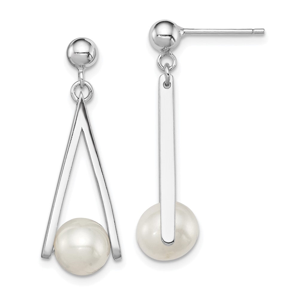 Sterling Silver Rhodium-plated 8-9mm White Semi-Round Freshwater Cultured Pearl Triangle Post Dangle Earrings, 30 x 11 mm