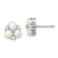 Sterling Silver Rhodium-plated 5-6mm White Button Freshwater Cultured 3-Pearl and CZ Post Earrings, 11 x 11 mm