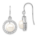 Sterling Silver Rhodium-plated 7-8mm White Button Freshwater Cultured Pearl and CZ Dangle Earrings, 28 x 14 mm