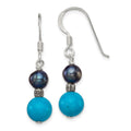 Sterling Silver Polished & Antiqued Black FWC Pearl & Turquoise w/ Flower Bead Dangle Earrings, 32 x 8 mm