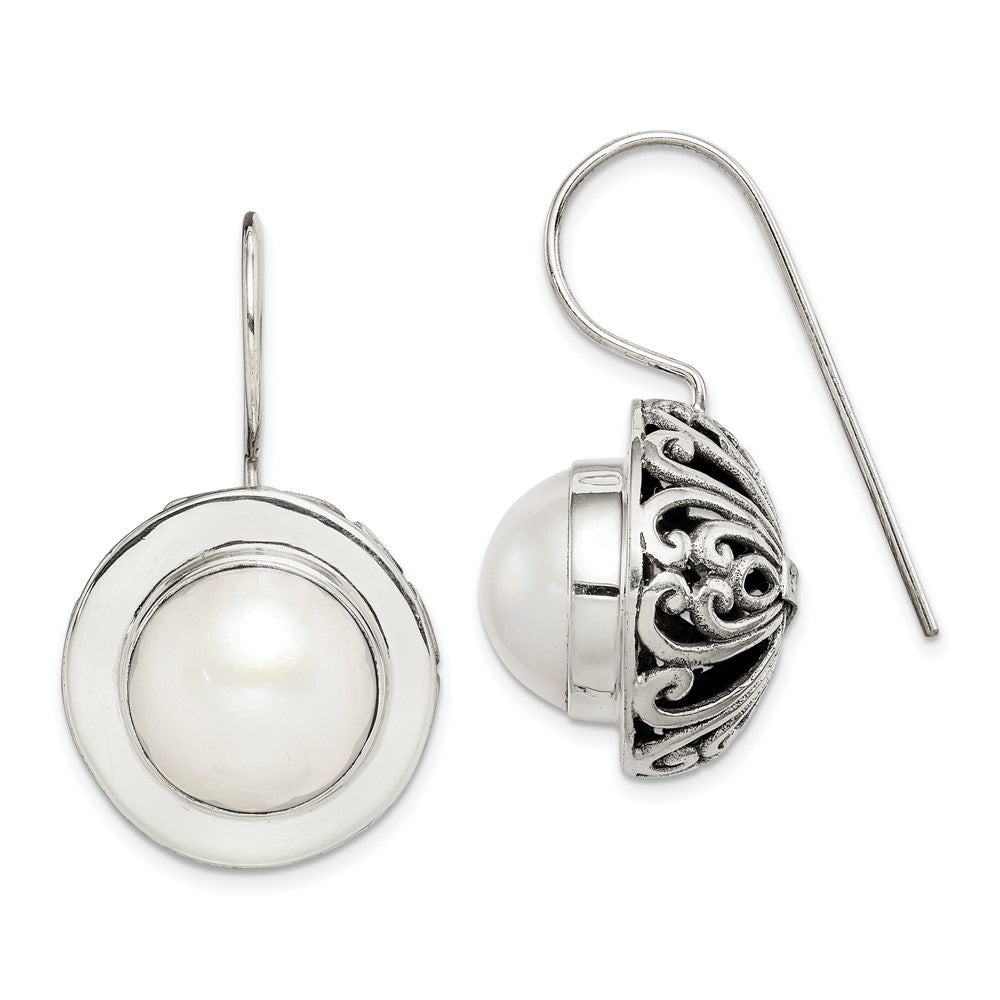 Sterling Silver Polished & Antiqued Fancy Filigree White 12-13mm Freshwater Cultured Mabe Pearl Dangle Earrings, 26 x 17 mm