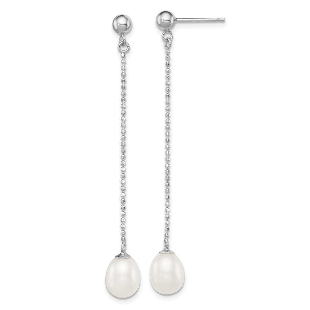 Sterling Silver Rhodium-plated 7-8mm White Rice Freshwater Cultured Pearl Post Dangle Earrings, 51 mm