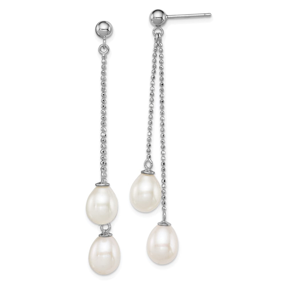 Sterling Silver Rhodium-plated 7-8mm White Rice Freshwater Cultured Pearl Post Dangle Earrings, 51 x 8 mm