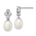 Sterling Silver Rhodium-plated 7-8mm White Rice Freshwater Cultured Pearl and CZ Post Dangle Earrings, 19 mm, 1.53 g