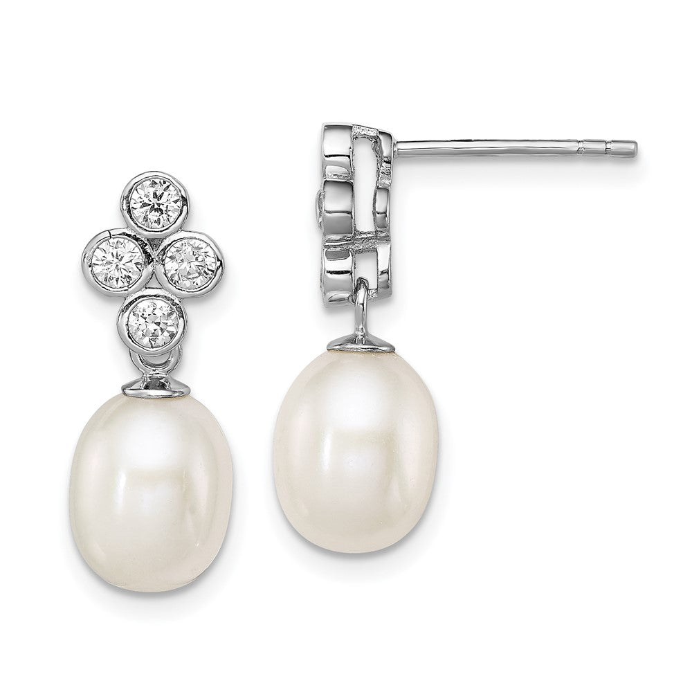 Sterling Silver Rhodium-plated 7-8mm White Rice Freshwater Cultured Pearl and CZ Post Dangle Earrings, 19 mm, 1.53 g